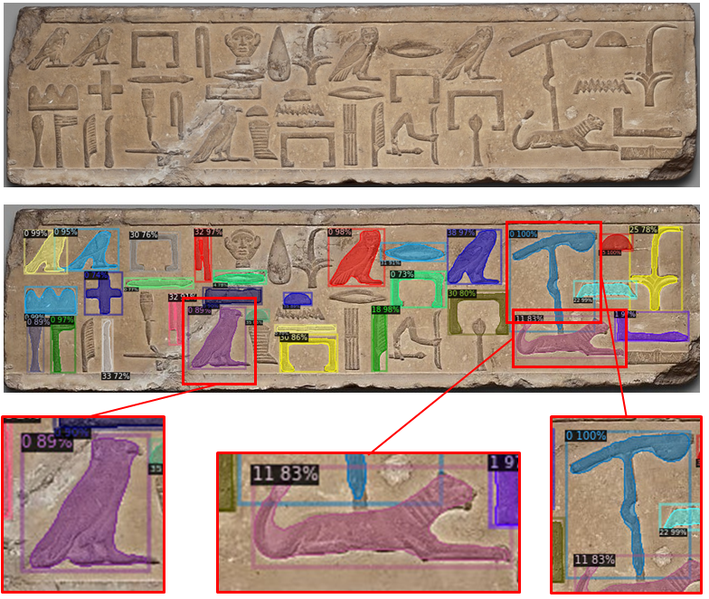 Figure 2: LINTEL BLOCK FROM THE FALSE DOOR OF MERY'S CHAPEL (Metropolitan Museum of New York) segmentation results. Top: original image; Bottom: analysis results.