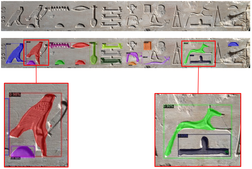 Figure 3: FALSE DOOR FROM THE TOMB OF METJETJI (Metropolitan Museum of New York). Top: original image; Bottom: segmentation results.
